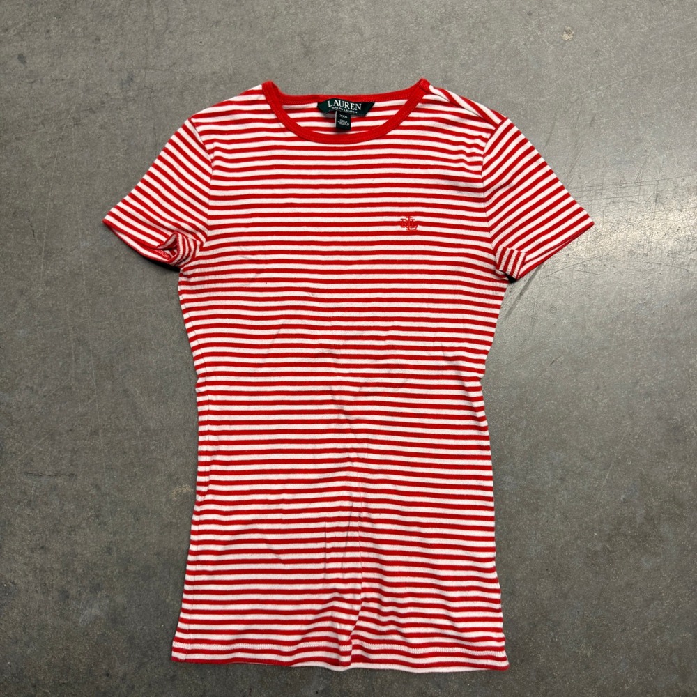 Lauren Ralph Lauren Red White Striped Short Sleeve Crew Neck Tee XXS Logo